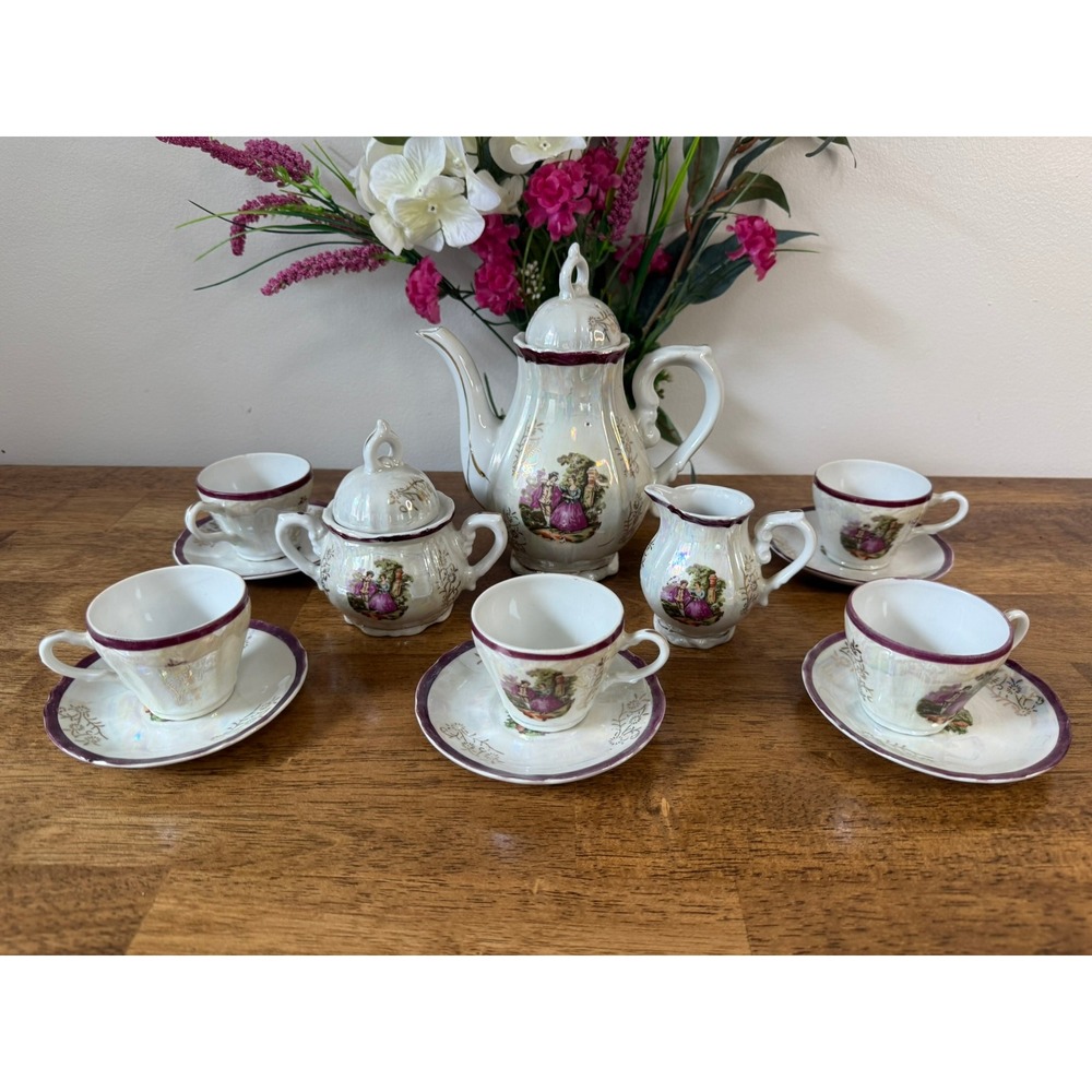 Vintage Japan Lusterware Courting Couple Tea Set Purple Iridescent 13 Piece